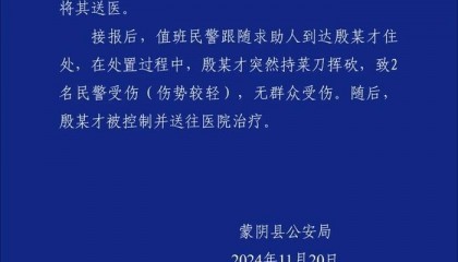 山东蒙阴县警方：两名民警协助有精神病史男子送医，遭持刀挥砍受伤