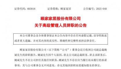 顾家家居:副总裁姚斌辞职